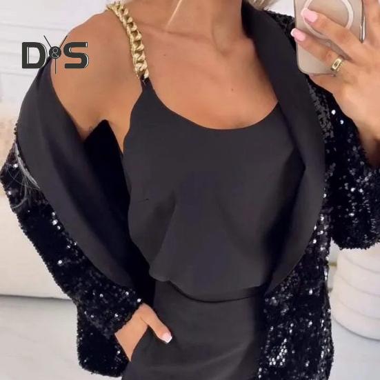 Женский пиджак с лацканами и длинными рукавами на пуговицах, пиджак с блестками, осенне-зимняя деловая верхняя одежда для уличной вечеринки