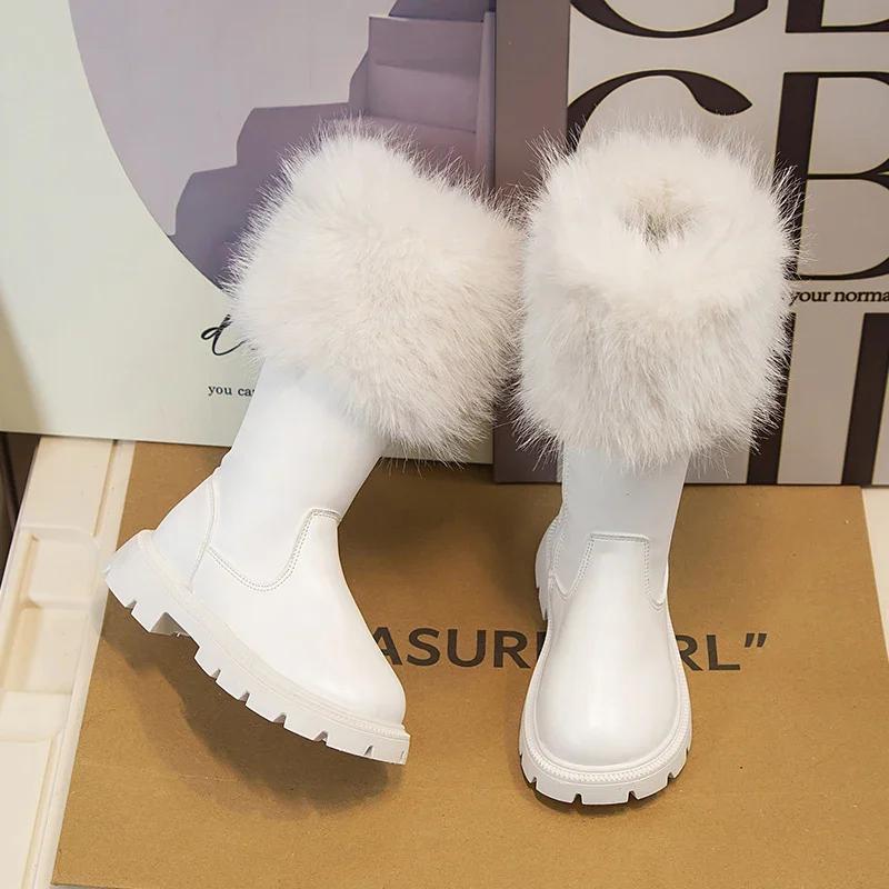 Girls High SNOW Boots Beige Black Winter Side Zipper Fashion Children Leather Boots Plush Warm Chic