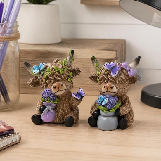 Lavender Floral Garden Accents Highland Cow Resin Figurine, Cute Fluffy with Butterfly Bow & Wreath, Healing Pastoral Desk Accessories Pastel