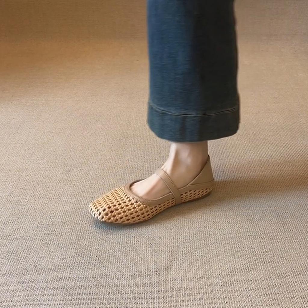 Туфли из плетеной овчины с перфорацией, дышащие сандалии Мэри Джейн для женского лета, одинарные туфли на плоской подошве с ремешком через подъем