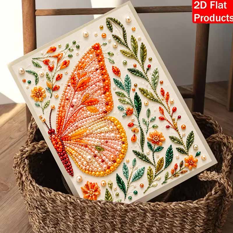 DIY Pearl and Diamond Painting Kit. suitable for beginners. Orange Butterfly and Floral home wall decoration. handmade gift.