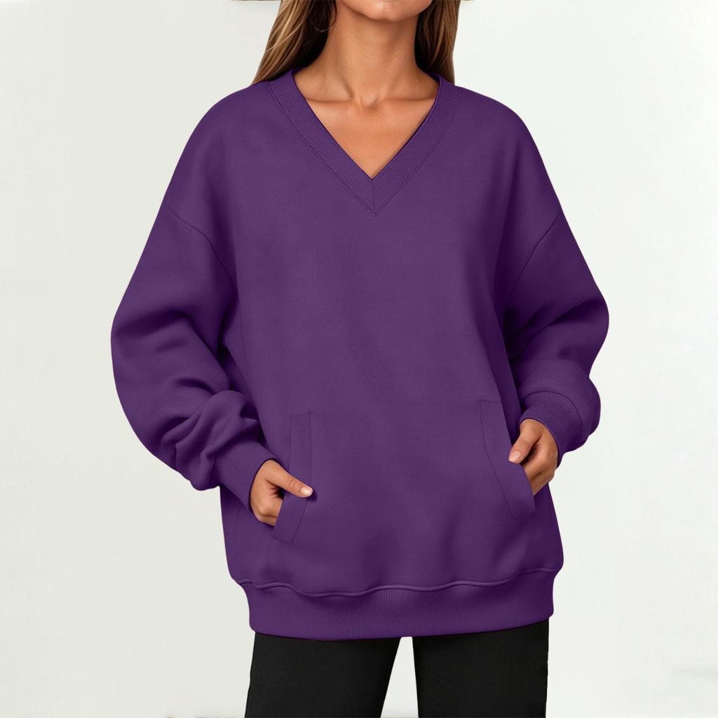 Women's V-Neck Long Pullover Sweatshirt with Pocket for Fall and Winter