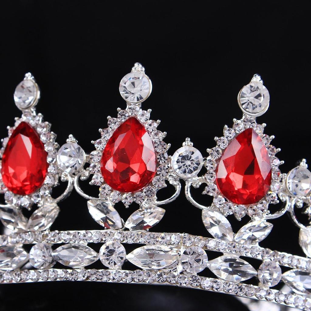2" Height Silver/Gold Plated Crystal Rhinestone Ruby Full Circle Tiara Crown Bridal Wedding Jewelry Hair Accessories (Silver+red)