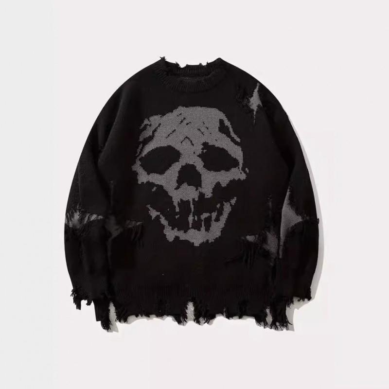 Hip Hop Street Skull Jacquard Sweater Halloween Loose Fit Pullover Men Women