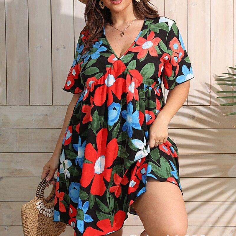 Летнее свободное платье с коротким рукавом и v-образным вырезом, милое платье с цветочным принтом, повседневное плиссированное платье больших размеров, женская одежда 28060