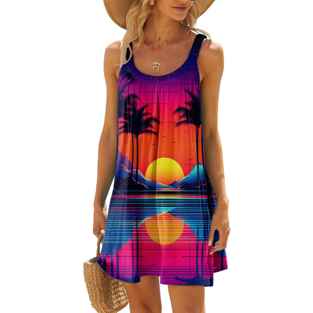 Женское модное летнее пляжное повседневное милое платье на бретельках без рукавов с принтом