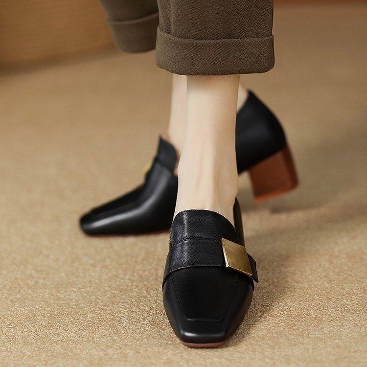 Fashion Spring Fall Winter Leather Square Head Hairy Shoes Single Shoes Female British Style Padded Medium Thick Heel One Footsteps Le Fu Shoes