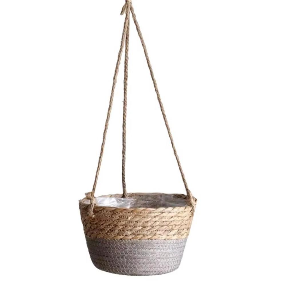 Durable Handwoven Straw Hanging Basket Decorative Waterproof Woven Flower Basket Handmade Plant Storage Basket Garden