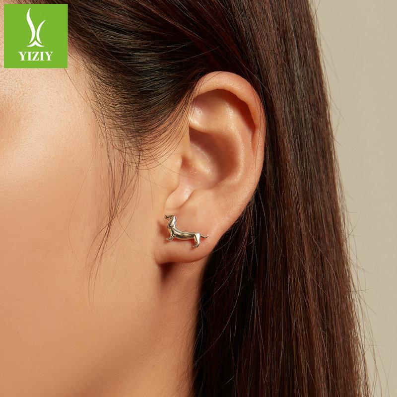 S925 Silver Dachshund Dog Stud Earrings Jewelry Set, Cute Animal Plain Silver Open Ring