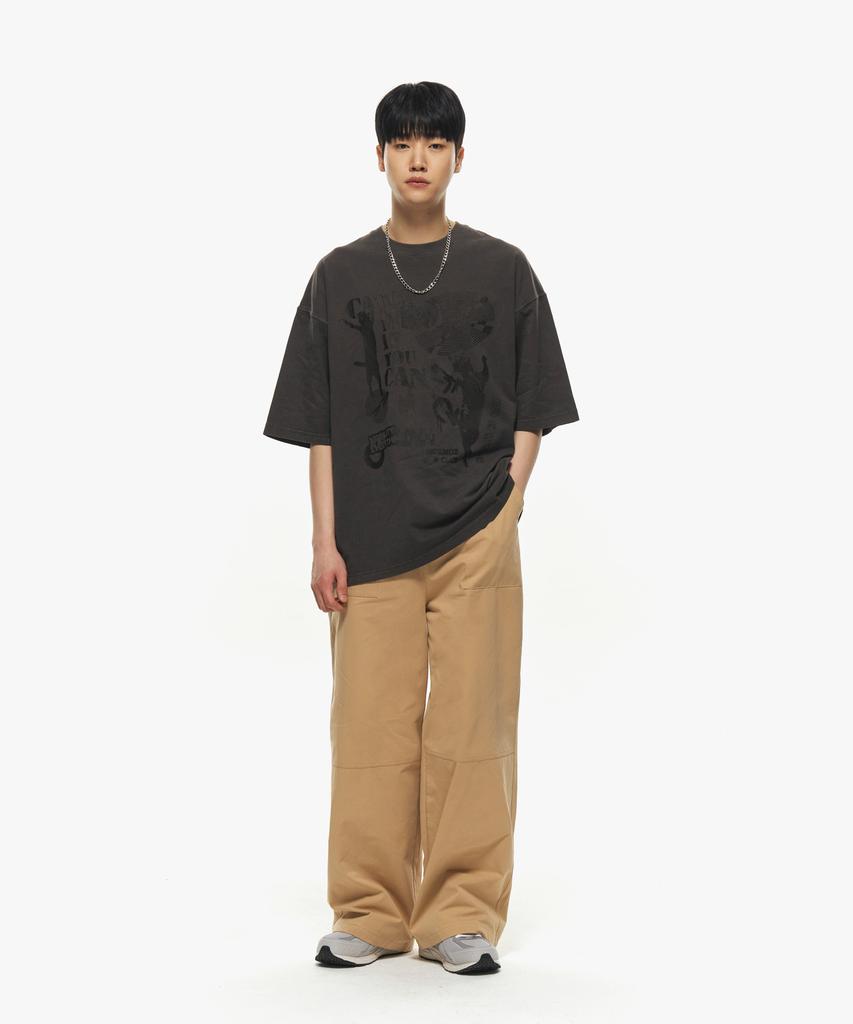 MOZMOZ Out-Pocket Cotton Elastic Waist Pants Beige