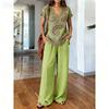 Bohemian peacock feather print set: women's vintage V-neck top + wide-leg pants, vacation-style loose two-piece set