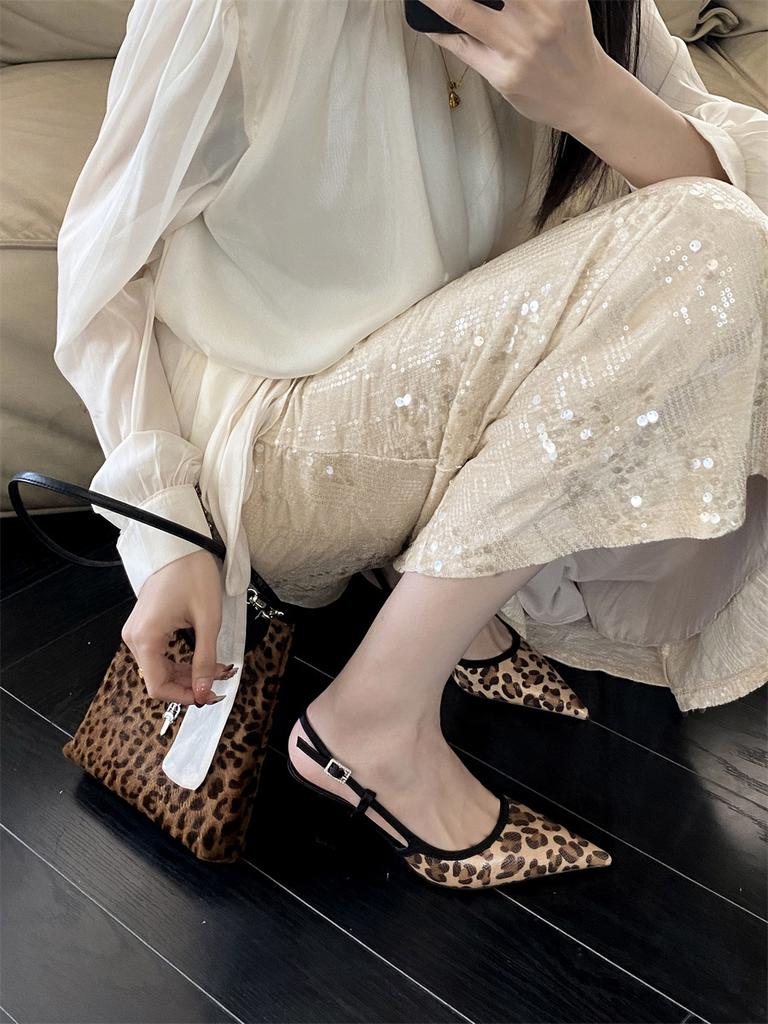 H888-3~ High-Heeled French Bag Head Sandals Women'S Shoes Temperament Leopard Print Pointed Empty Shoes