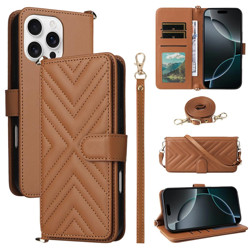 For iPhone 16 Pro Max Wallet Case with Shoulder/Wrist Strap Leather Phone Cover Stand