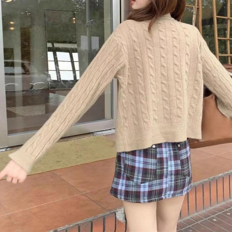 Осенний кардиган свитер с круглым вырезом на пуговицах, женский, с вязаным узором «косы», женская куртка в колледжском стиле