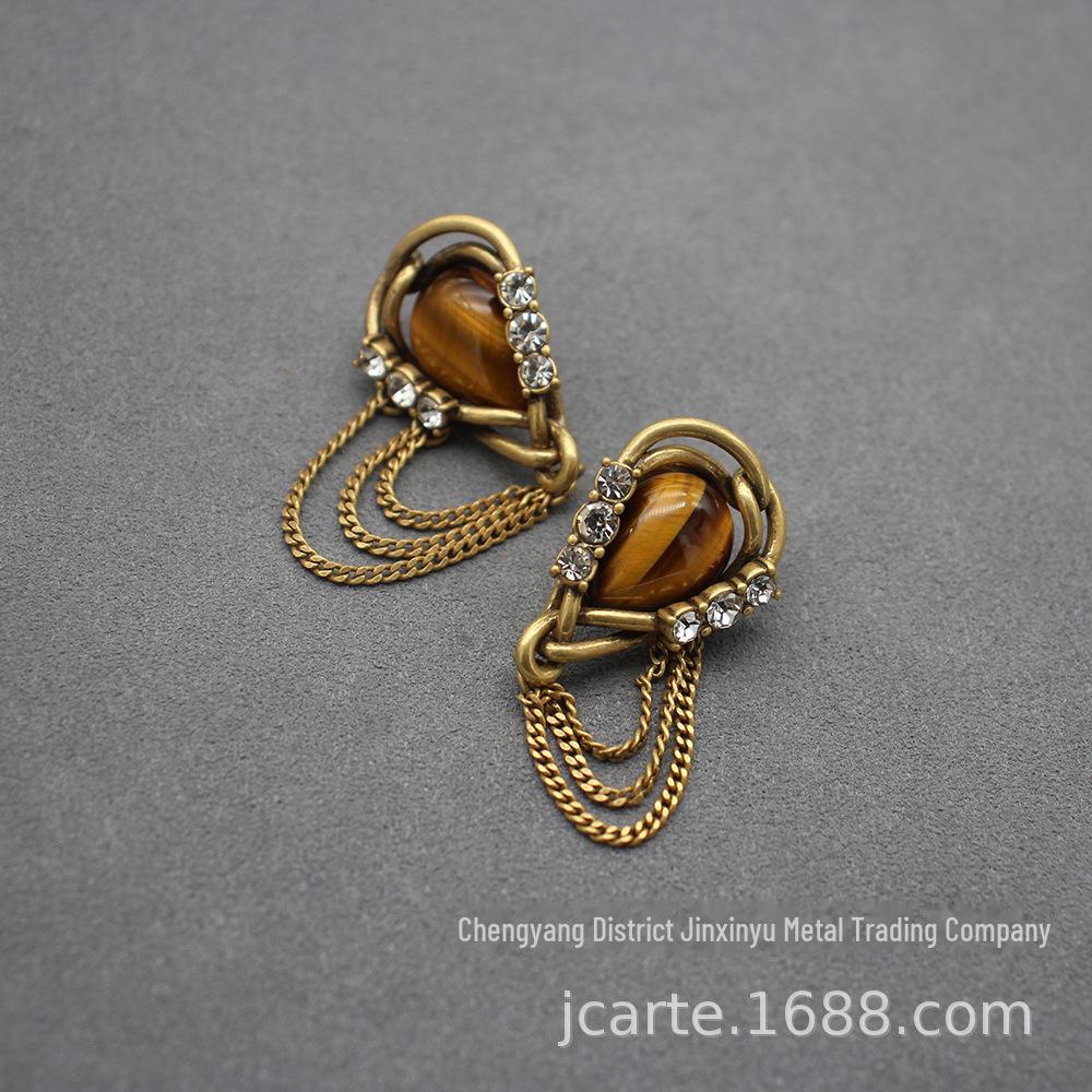 European Niche Design Tassel Earrings with Tiger Eye Stone - New Chinese Style Jewelry