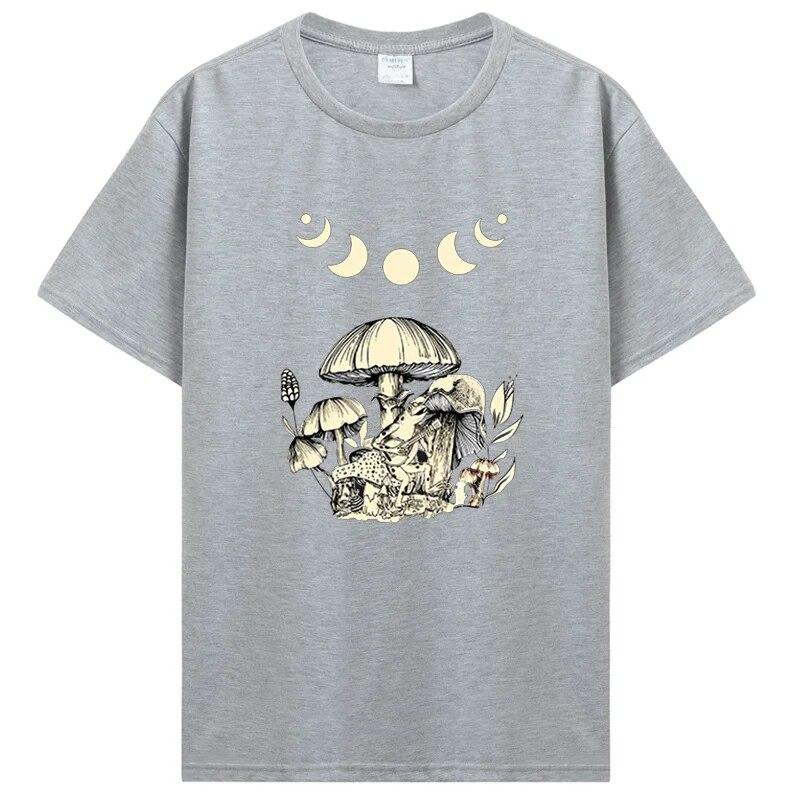 Винтажная футболка в стиле панк Cottagecore с эстетической лягушкой, женская футболка унисекс с грибом и луной Witchy, одежда унисекс, футболка с короткими рукавами и графикой