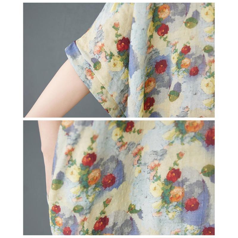 Dimanaf 2025 Лето Женщин Плюс Размер Свободное Платье Цветочный Принт Короткий Рукав Платье Базовое Повседневное Платье Винтаж Макси