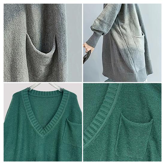 Women Sweater V-Neck Long Sleeve Sweater with Pockets Solid Color Loose Fit Long Hem Knitting Tops Autumn Winter Wear