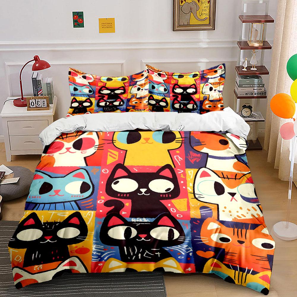 Colorful cartoon cat faces. Bedding sets Duvet cover sets Duvet covers Pillowcases(1 * Duvet Cover 2 * Pillowcases without duvet insert)