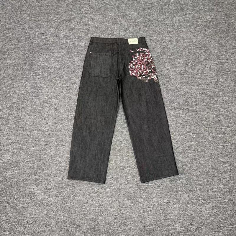 Mens Loose Straight Fit Denim Pants With Floral Embroidery Casual Streetwear Jeans