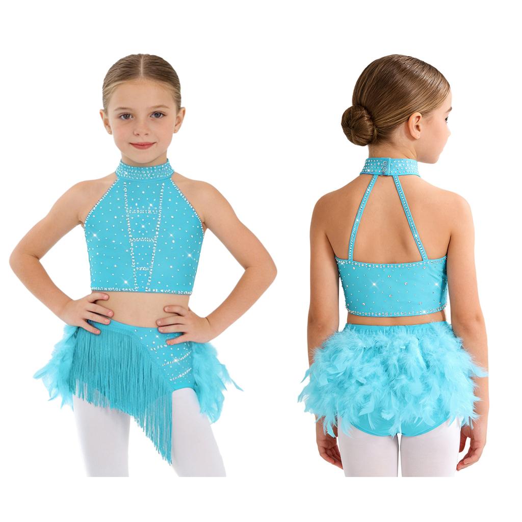 Блестящий костюм для танца с кисточками и перьями для девочек: Укороченный топ-халтер со спинкой на бретельках и юбка с эластичным поясом для сценического выступления