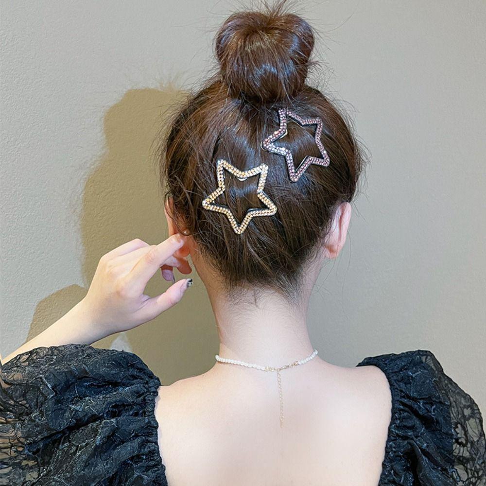 Metal Rhinestone Star BB Clip\ Geometric Hollow Hair Clip Fashion Star Side Clip Children