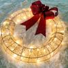Christmas Metal Light Up Wreath With LED Warm Lights And Ribbon Bow Holiday Decoration
