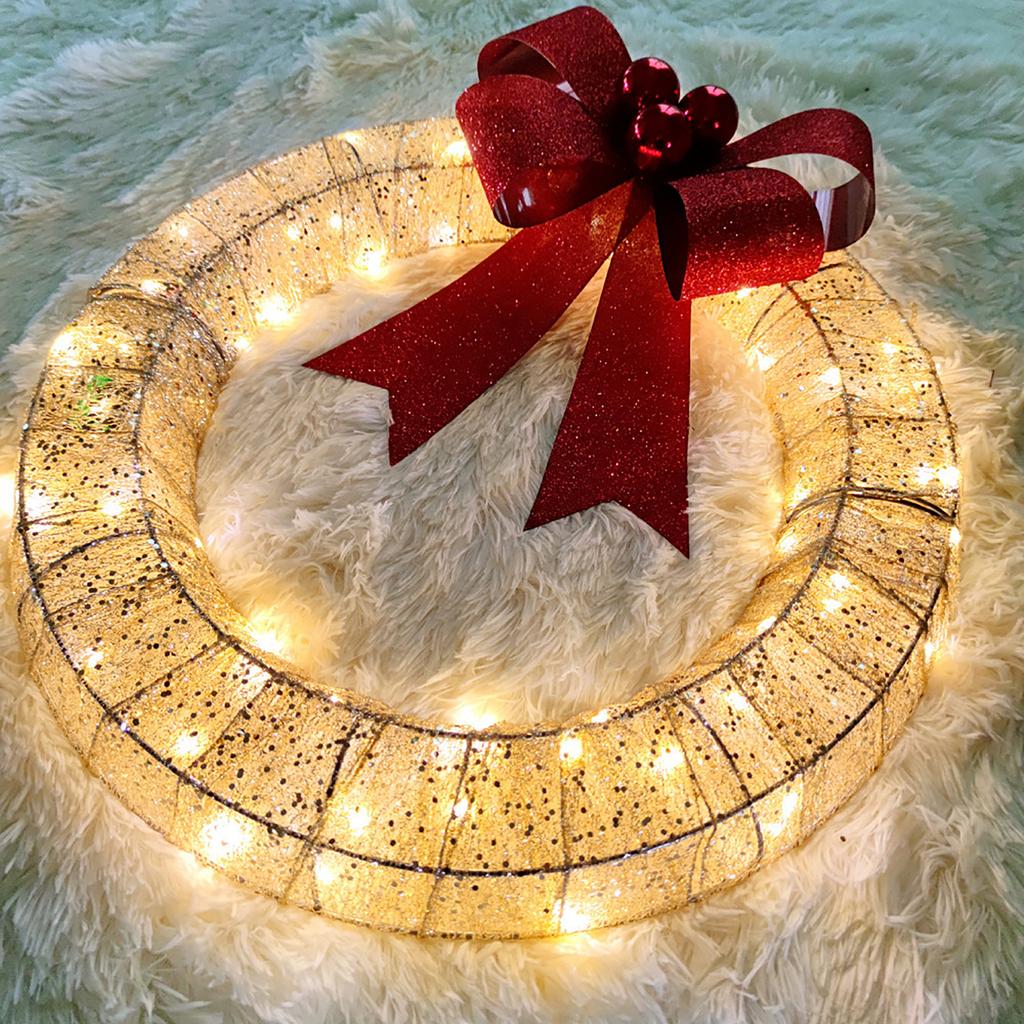 Christmas Metal Light Up Wreath With LED Warm Lights And Ribbon Bow Holiday Decoration