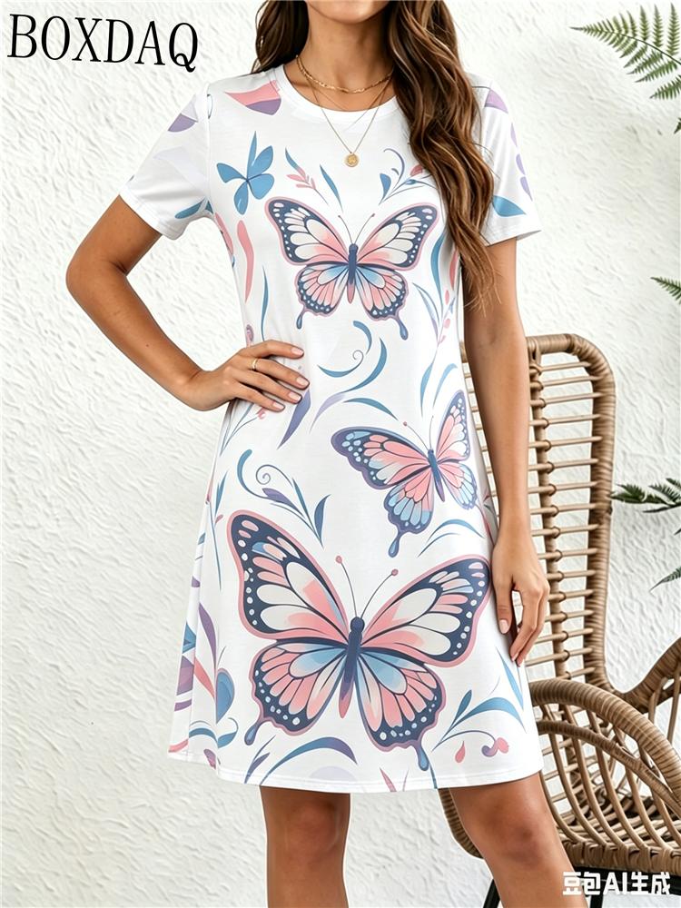 Butterfly Print Women's Summer Round Neck Short Sleeved Elegant and Fashionable Pullover A-line Dress Suitable for Afternoon Tea