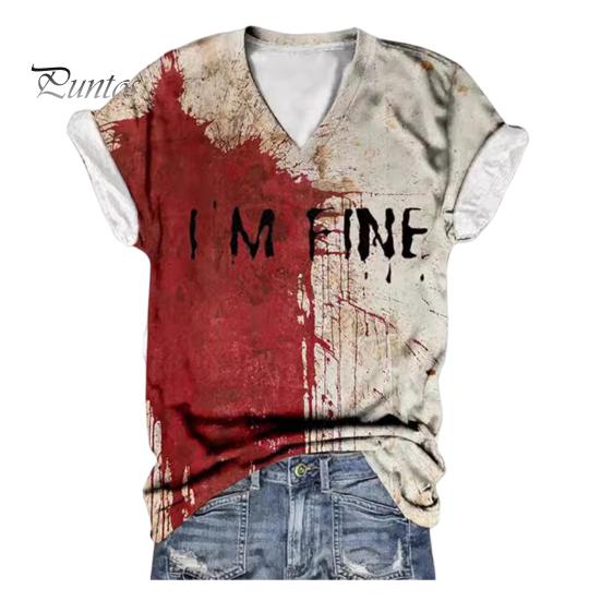 Женская футболка с V-образным вырезом и коротким рукавом, футболка с принтом крови на Хэллоуин, тонкая эластичная, для косплея, фестивалей, пуловеры, топы