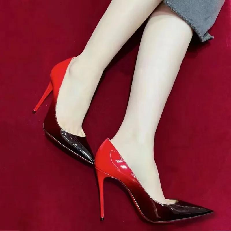 2025 New French High Heels Women's Fashion Pointed Shallow Mouth Thin Heels Sexy High Heels Gradient Leopard Pattern High Heels