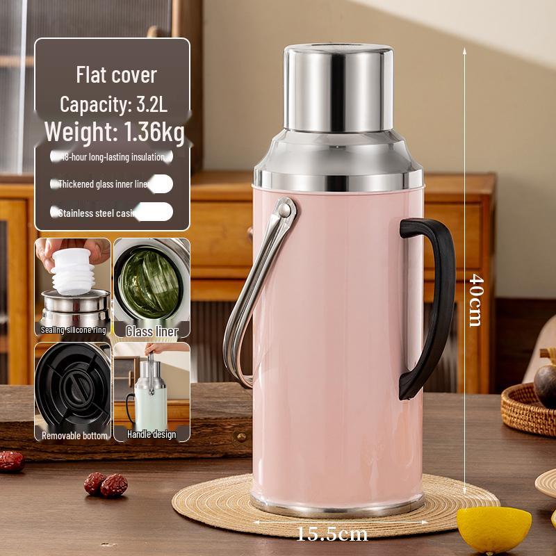Large Capacity Stainless Steel Insulated Hot Water Bottle with Glass Liner - Old-fashioned Tea Pot for Home, Dorm, or Commercial Use