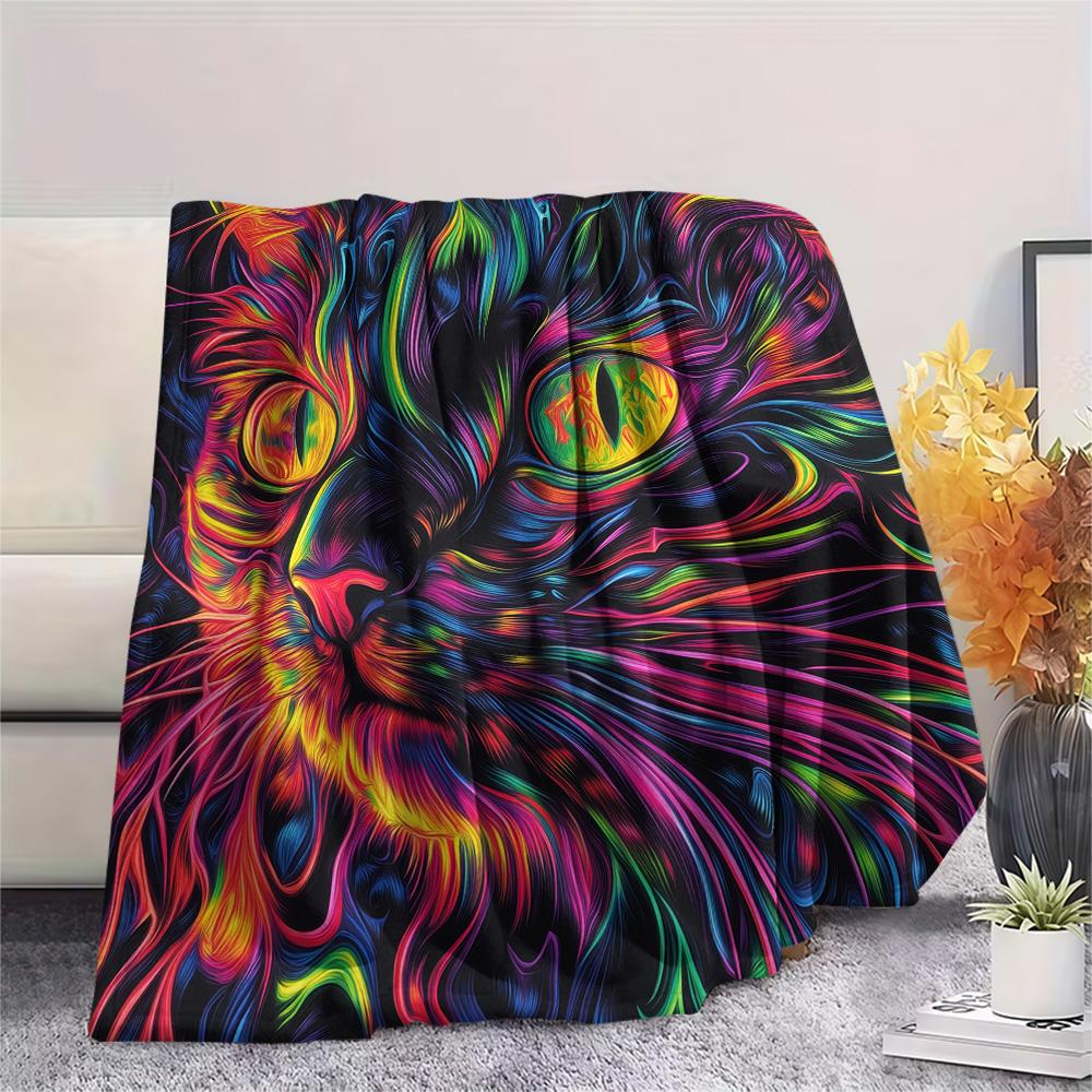 Neon Cats Print Flannel Blanket, High quality Comfortable for All Seasons, Home Decor, Warmth and Comfort