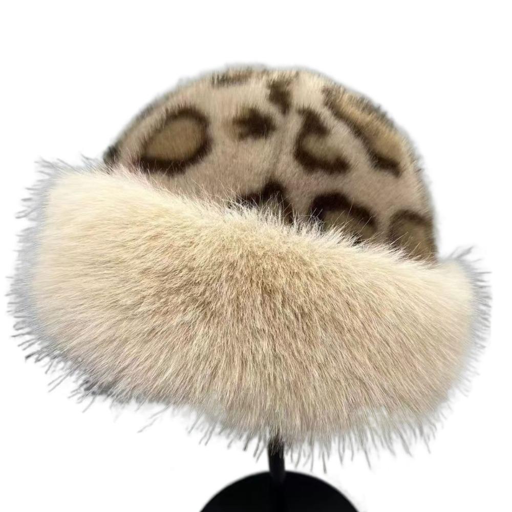 Норковый мех Леопардовый принт Плюшевая Монгольская шапка без полей Плюшевая Панама Осень и Зима
