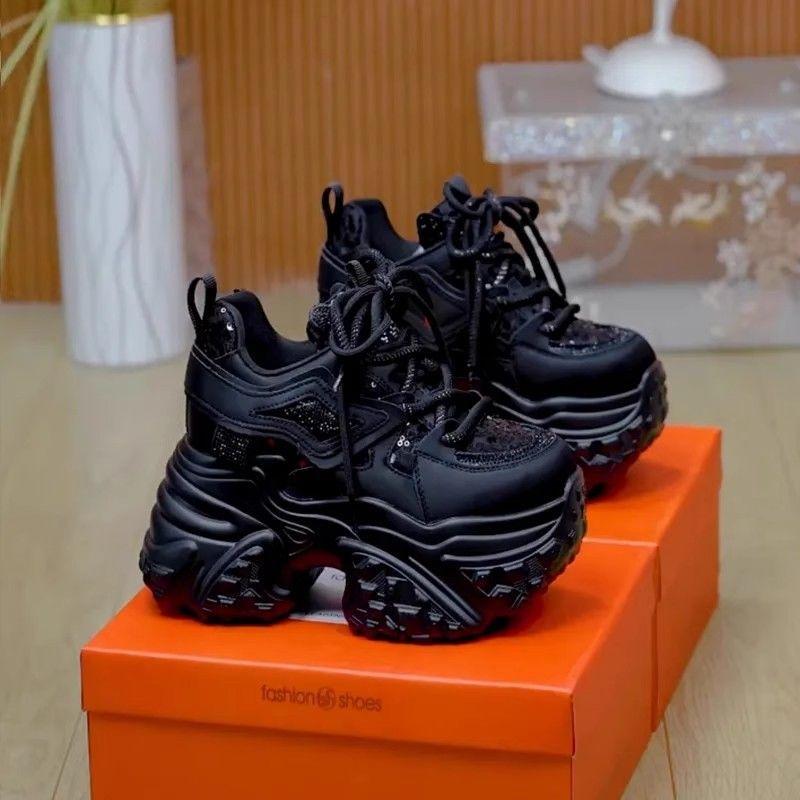 Rhinestone Decorated Thick Soled Leather Sneakers for Women Autumn Winter Height Increasing Versatile Casual Sports Walking Shoes