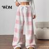 High Waisted Lounge Pants Women Plaid Wide Leg Pants, Drawstring Waist Thick Coral Fleece Stylish Home Wear for Warm Loungewear, Anti-Pilling