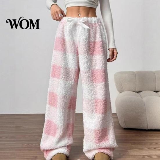 High Waisted Lounge Pants Women Plaid Wide Leg Pants, Drawstring Waist Thick Coral Fleece Stylish Home Wear for Warm Loungewear, Anti-Pilling