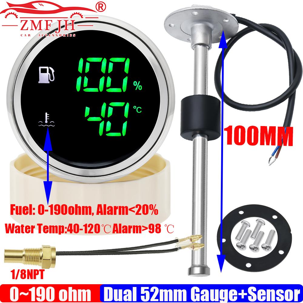 ZMFJH Multi Digital Dual 52mm Gauge Fuel Level+Water Temperature Gauge 2 In 1 with Alarm Fuel Level Sensor Water Temp Sensor