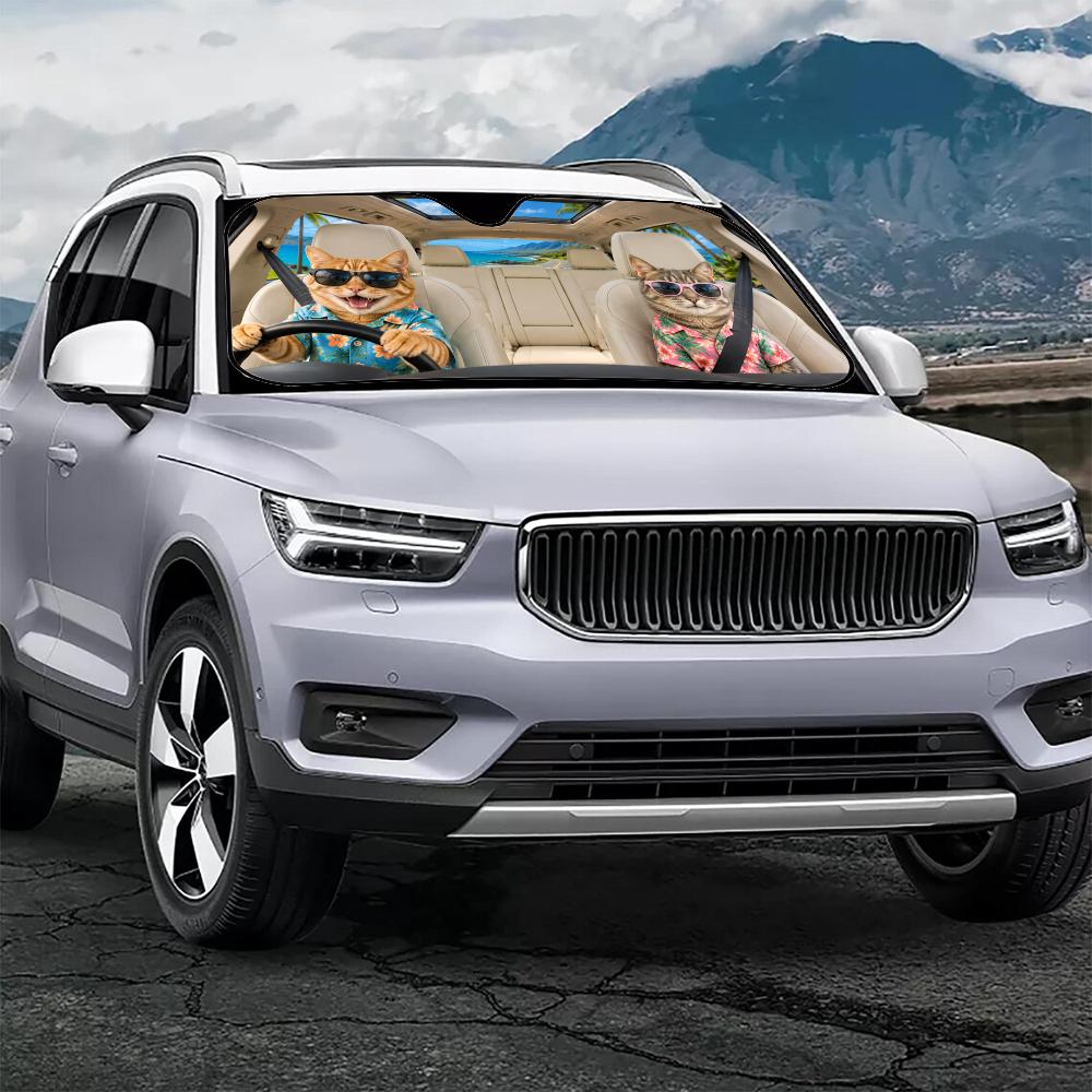 Кот в гавайской рубашке Забавный козырек от солнца Автомобильное лобовое стекло Солнцезащитный козырек Защита от УФ-излучения Отражающий Складной Теплоизоляционное покрытие