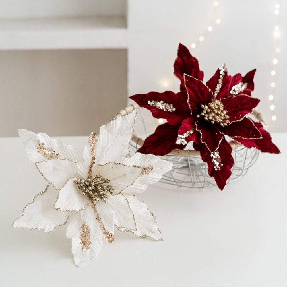 26cm Glitter Christmas Poinsettia Flower Simulation DIY Artificial Flower Realistic Luxury Christmas Tree Decorations
