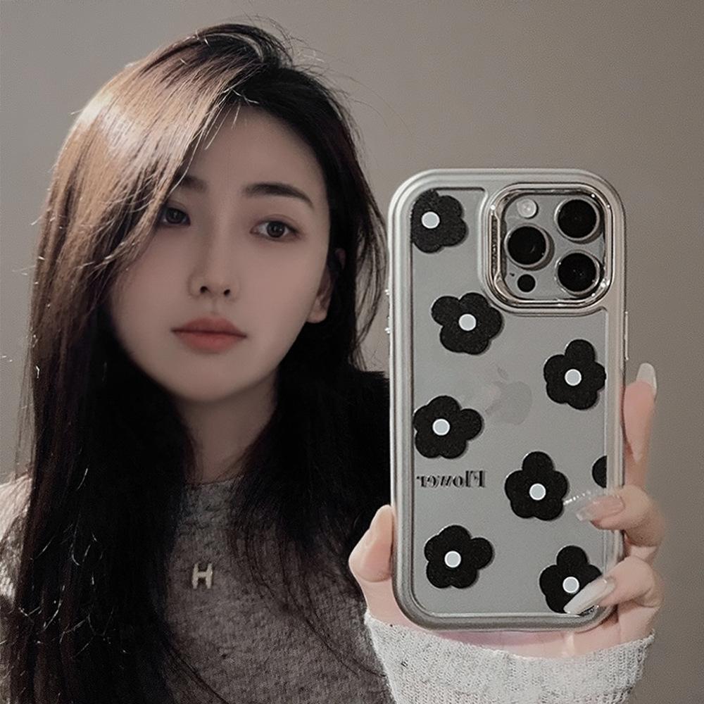Black Flowers iPhone15Mobile phone shell for iphone14Acrylic13Suitable for electroplating16promax Korean-style simplicity
