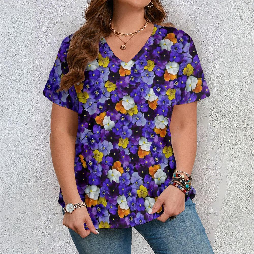 Women's Short Sleeve V Neck Tshirt Woman Fashions Loose Plus Size Clothing Colorful Flower Print Holidays T-Shirts Tops