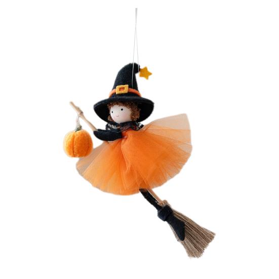 Halloween Hanging Witch Decor Mini Plush Flying Witch Doll with Broom for Haunted House Lawn Garden Patio Halloween Party Decor