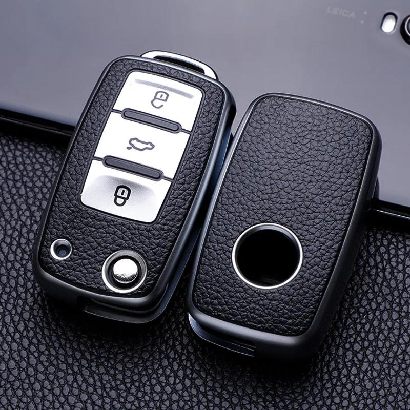 APRUB1 Leather Car Key Case Keys Full Cover Protection Shell Bag for VW Volkswagen Polo Tiguan Passat Golf Jetta Lavida Skoda Octavia