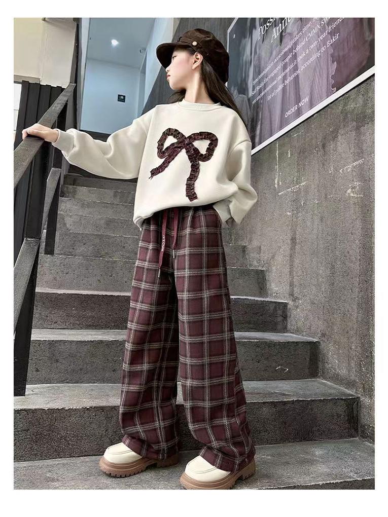 Модный клетчатый брючный костюм для девочек и толстовка с бантом - Осень/Зима 2025