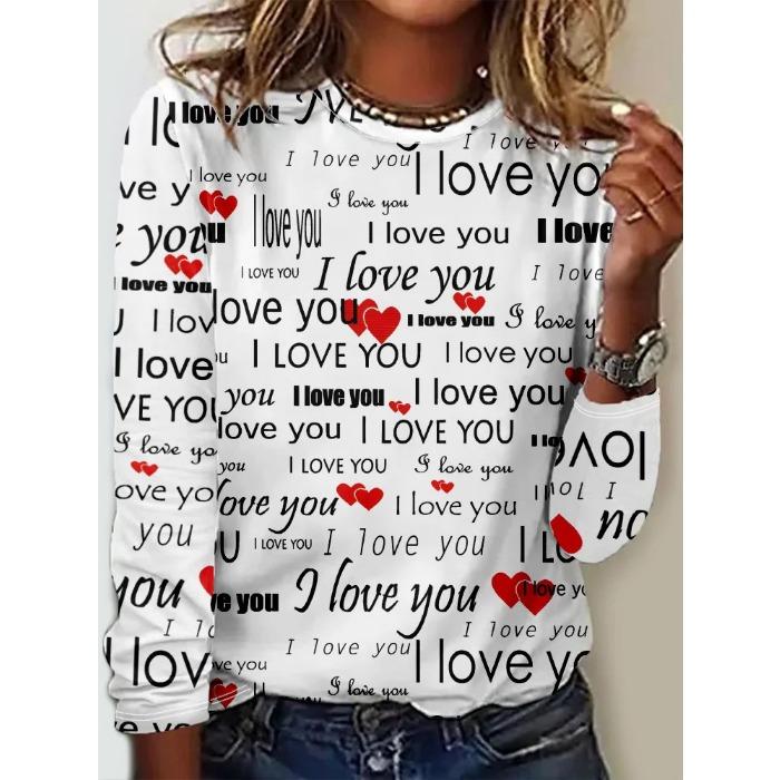 Женские футболки с круглым вырезом и 3D-принтом с узором «Любовь», модные повседневные футболки с длинным рукавом