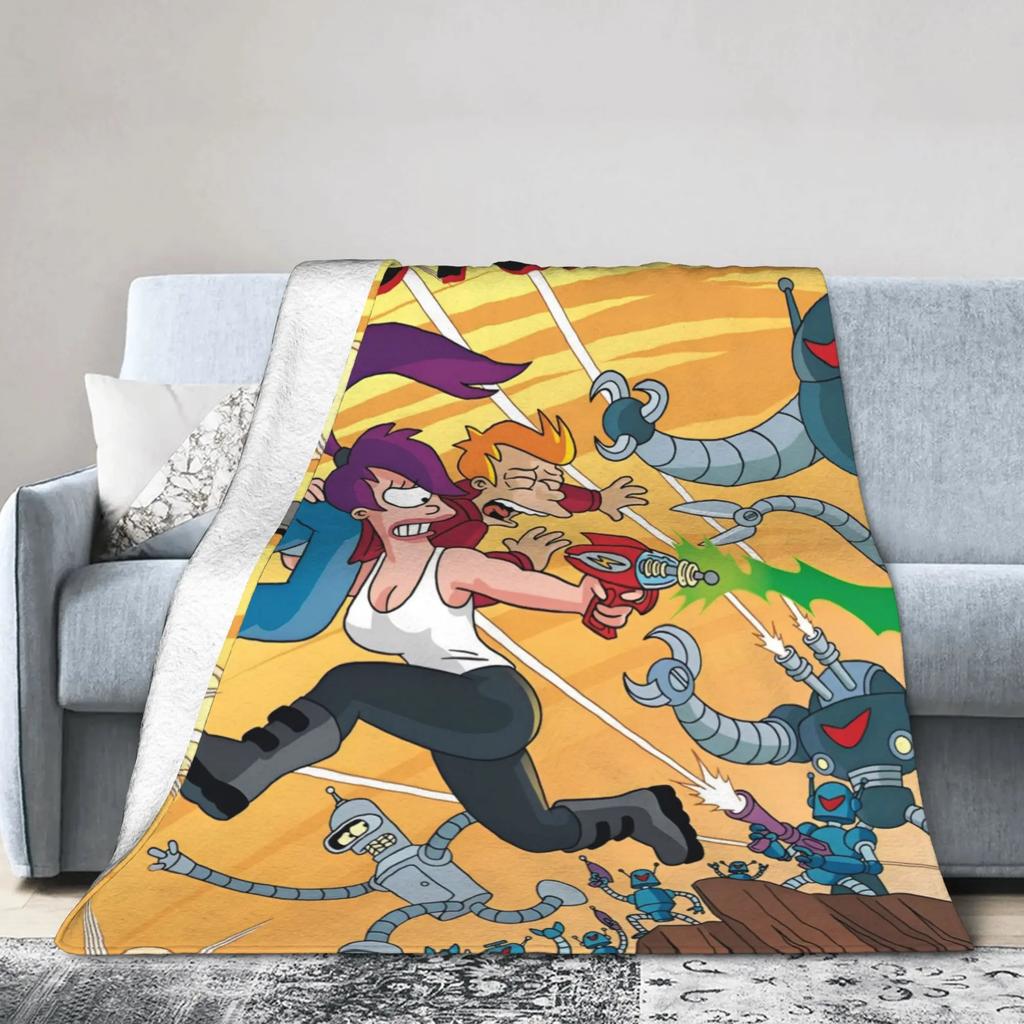 Bender Robot Fry Leela Cartoon Flannel Blanket Print Planet Express Lightweight Throw for Sofa Bed Home Decor Multifunction