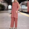 Women's Plus Size Fashion Temperament Autumn New Solid Color Long Sleeved Lace Crew Neck Top Pants Suit
