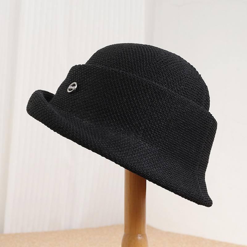 Solid color simple crimped brim basin hat women's spring summer light and breathable casual versatile hat elegant retro bucket hat