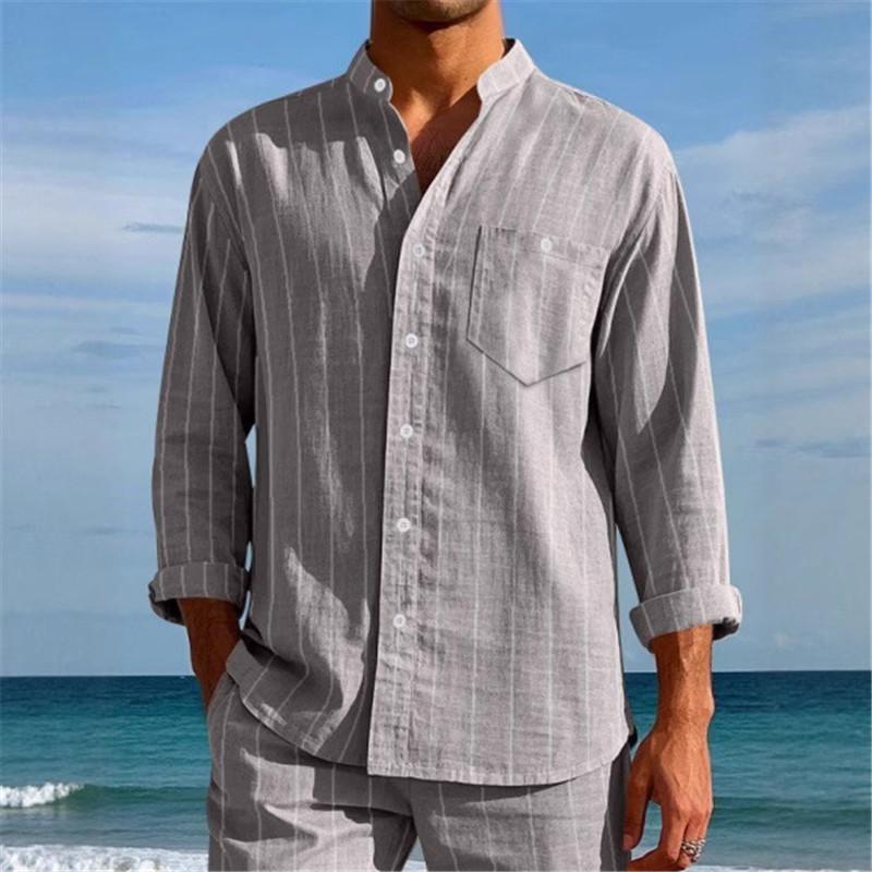 Летние мужские льняные повседневные рубашки Модные полосатые рубашки с воротником-стойкой Дышащие рубашки с длинным рукавом Повседневная мужская рубашка